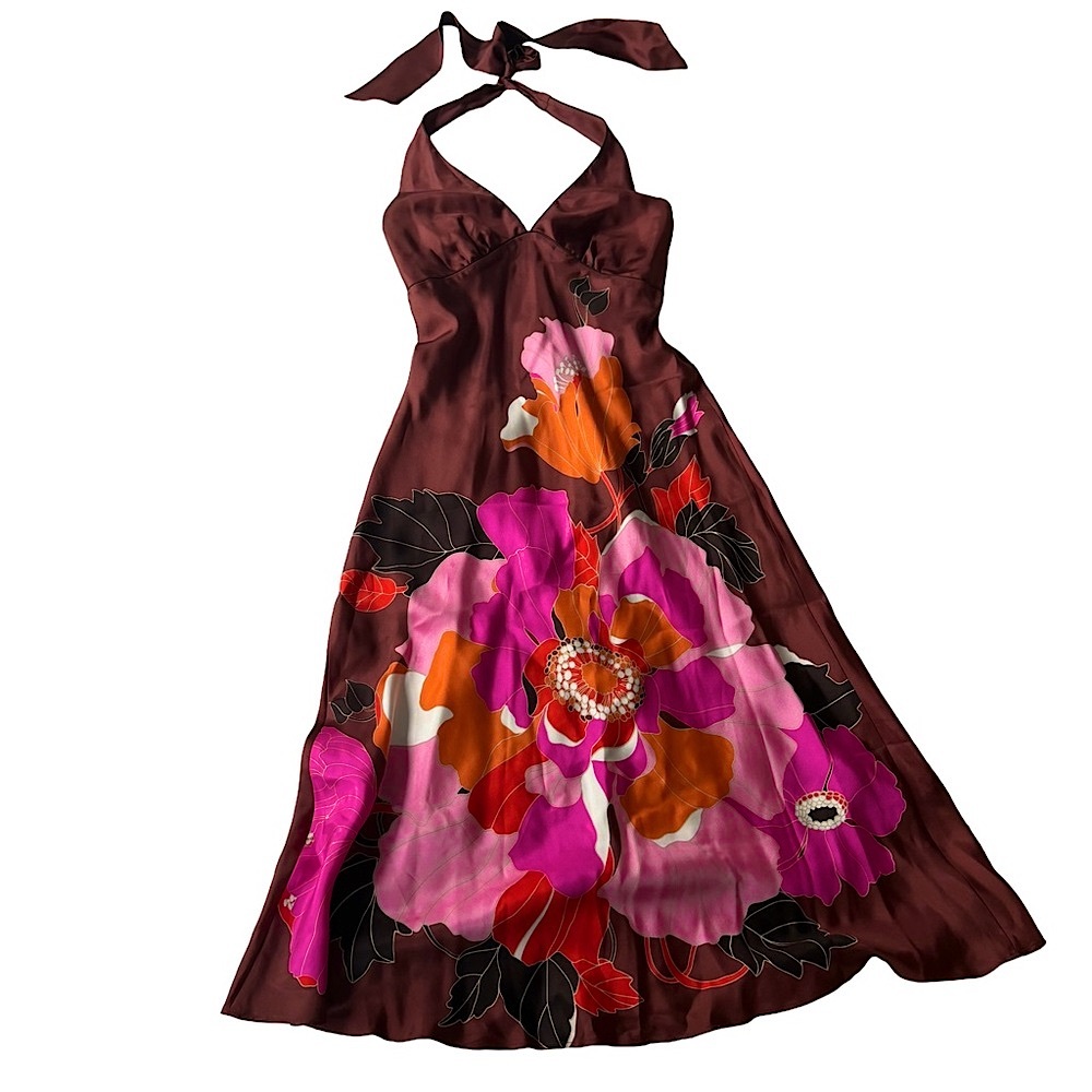 vintage 100% silk halter dress pink floral print
